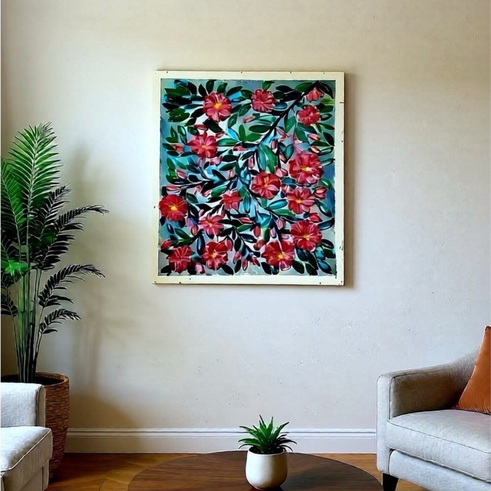 3D Floral Canvas Art with Pink and Green Design Original Hand Painted Certified - Picture 5 of 5